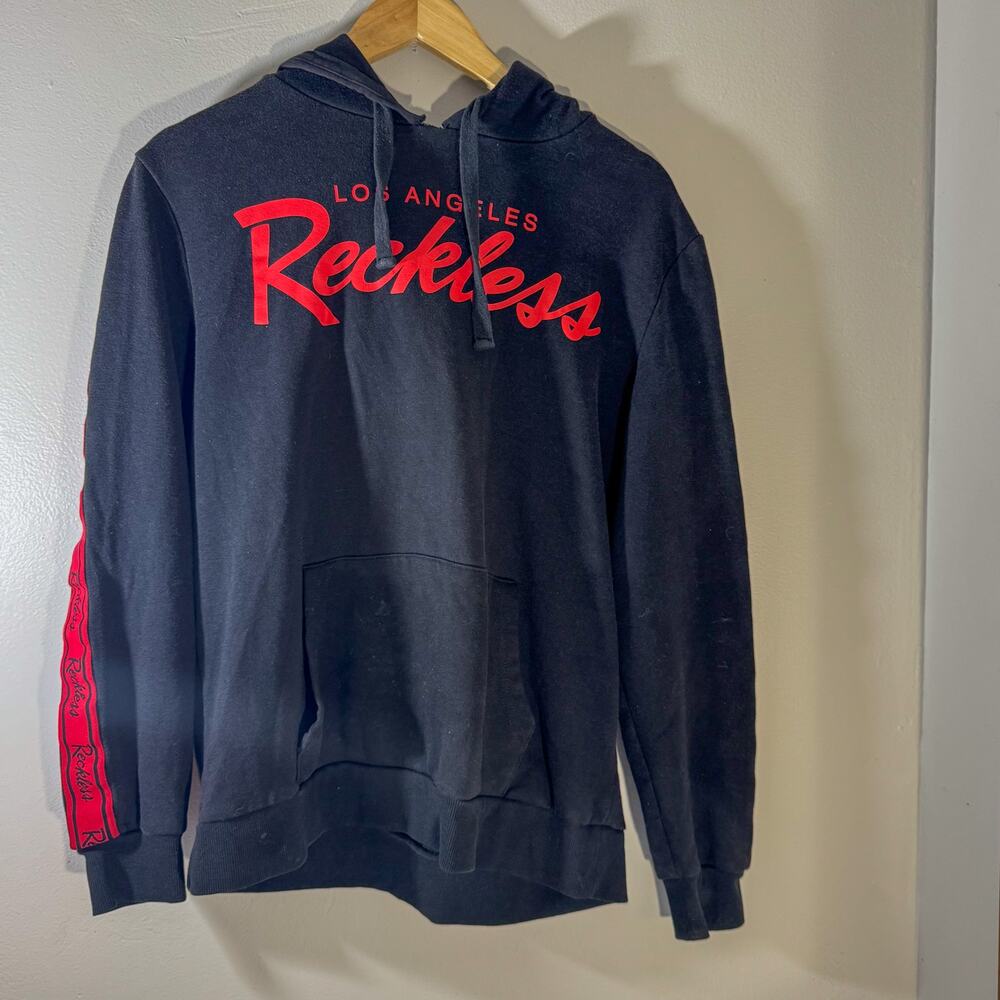 Young & Reckless Los Angeles Side Stripe Hoodie Black Red Script Pullover Large